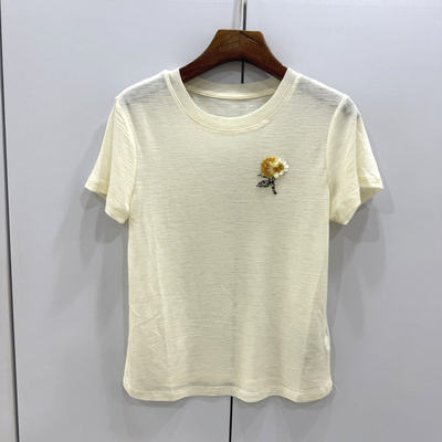 168973欧洲站2026春夏时尚圆领舒适弹力重工钉珠花朵显瘦短袖T恤