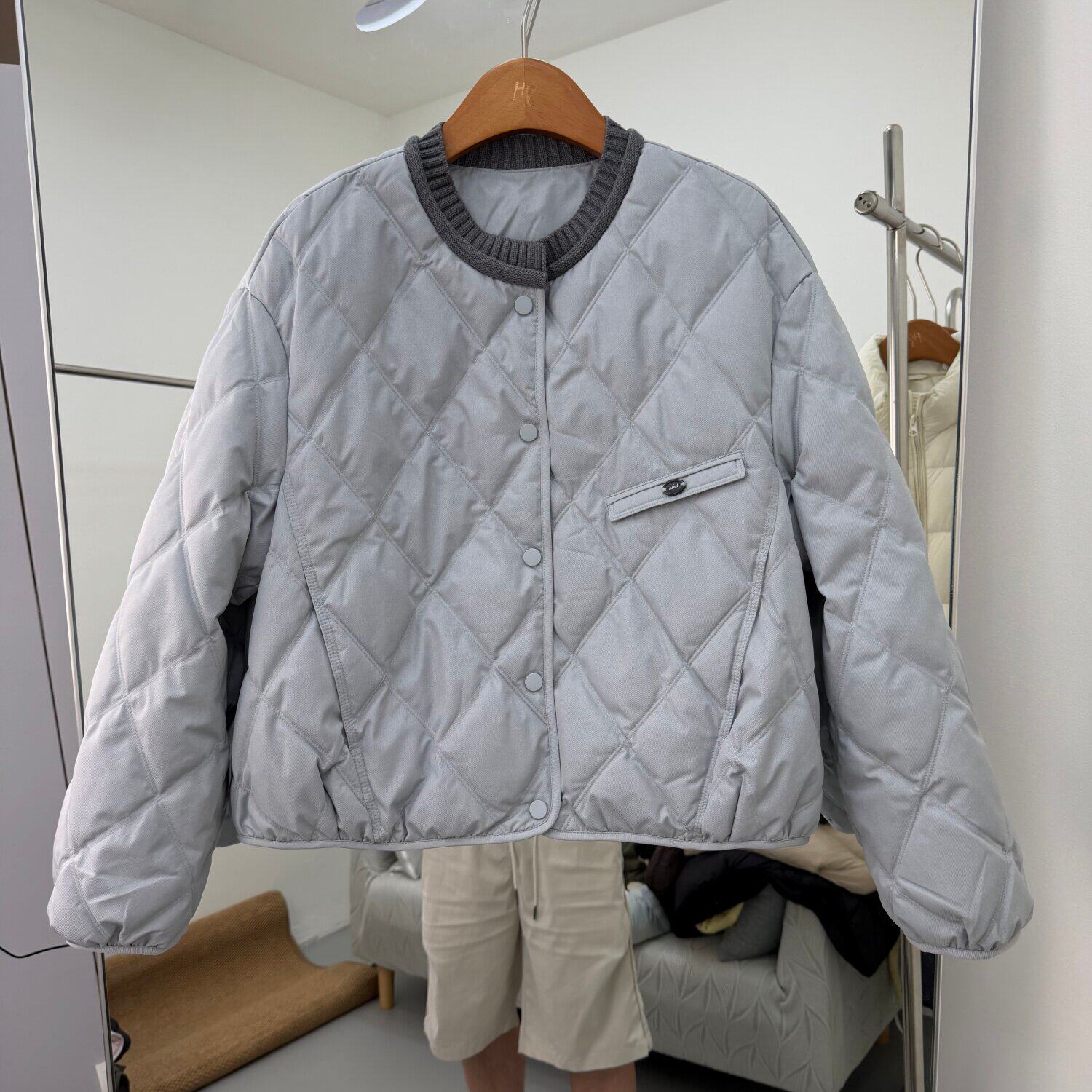 80020欧货菱形格针织圆领轻薄短款羽绒服女90鸭绒保暖单排扣外套