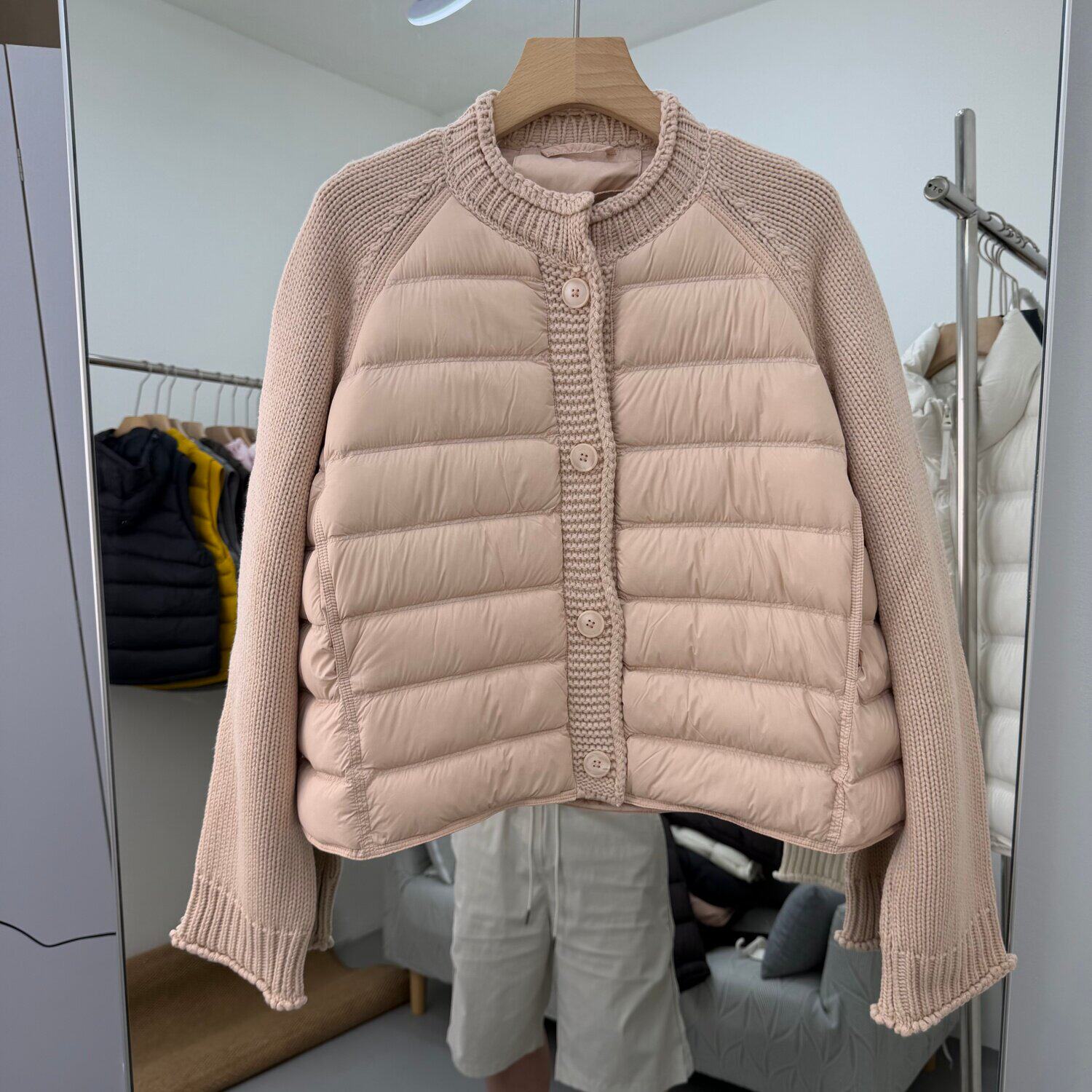 6920欧货拼接针织粗毛线长袖轻薄羽绒服女短款90白鸭绒保暖外套冬