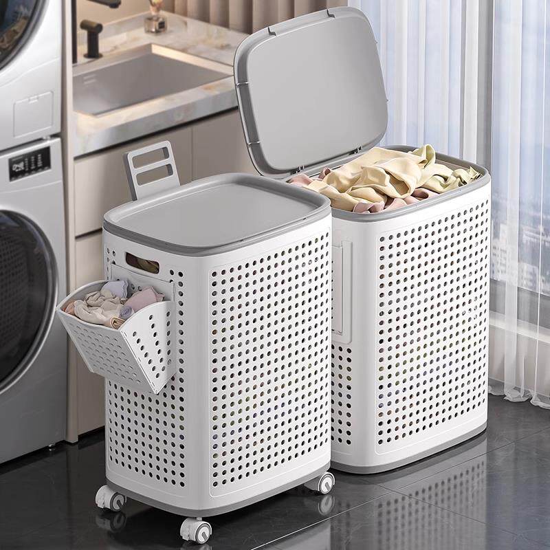 脏衣篓家用可折叠大容量化妆室脏衣服收纳筐带轮可移动推车洗衣篮
