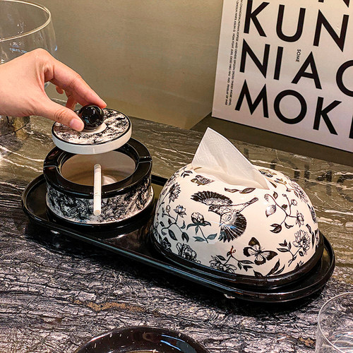 法式纸巾盒家用茶几陶瓷烟灰缸抽纸盒组合装高颜值床头柜面巾纸盒