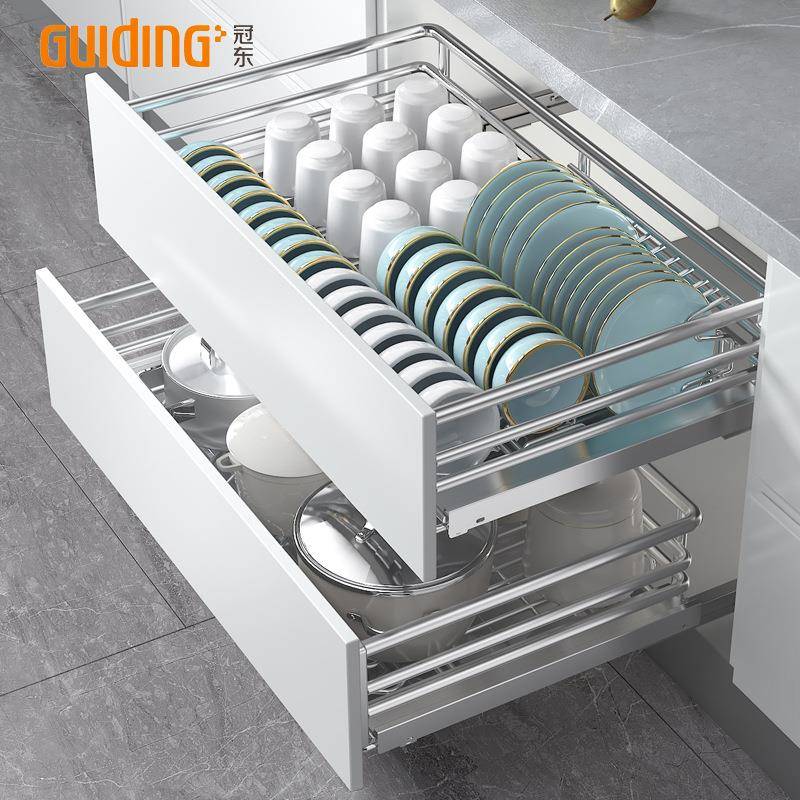 冠东拉篮厨房橱柜抽屉式碗篮双层调料304不锈钢内置碗碟架置物架