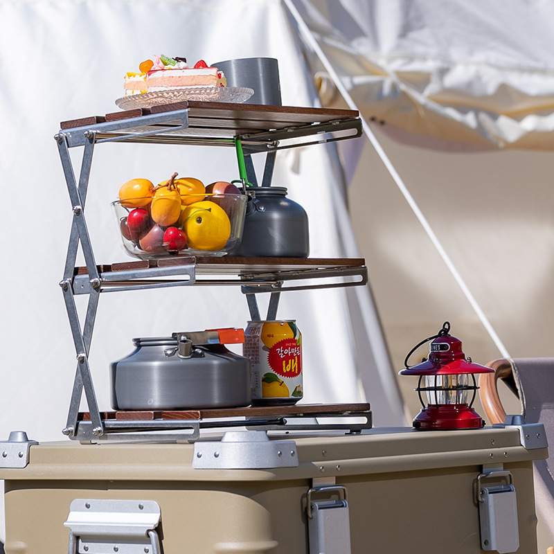户外露营便携迷你三层置物架野餐多功能自驾游多层实木折叠置物架