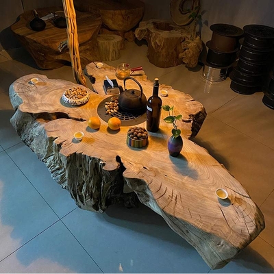 香樟木炭火炉煮茶桌网红民宿小院树墩围炉茶几实木烧烤桌电碳两用