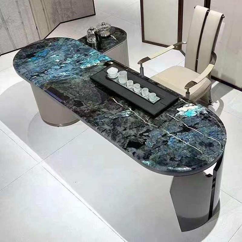 蓝翡翠奢石茶几圆形设计师天然大理石长方形餐桌茶桌台面