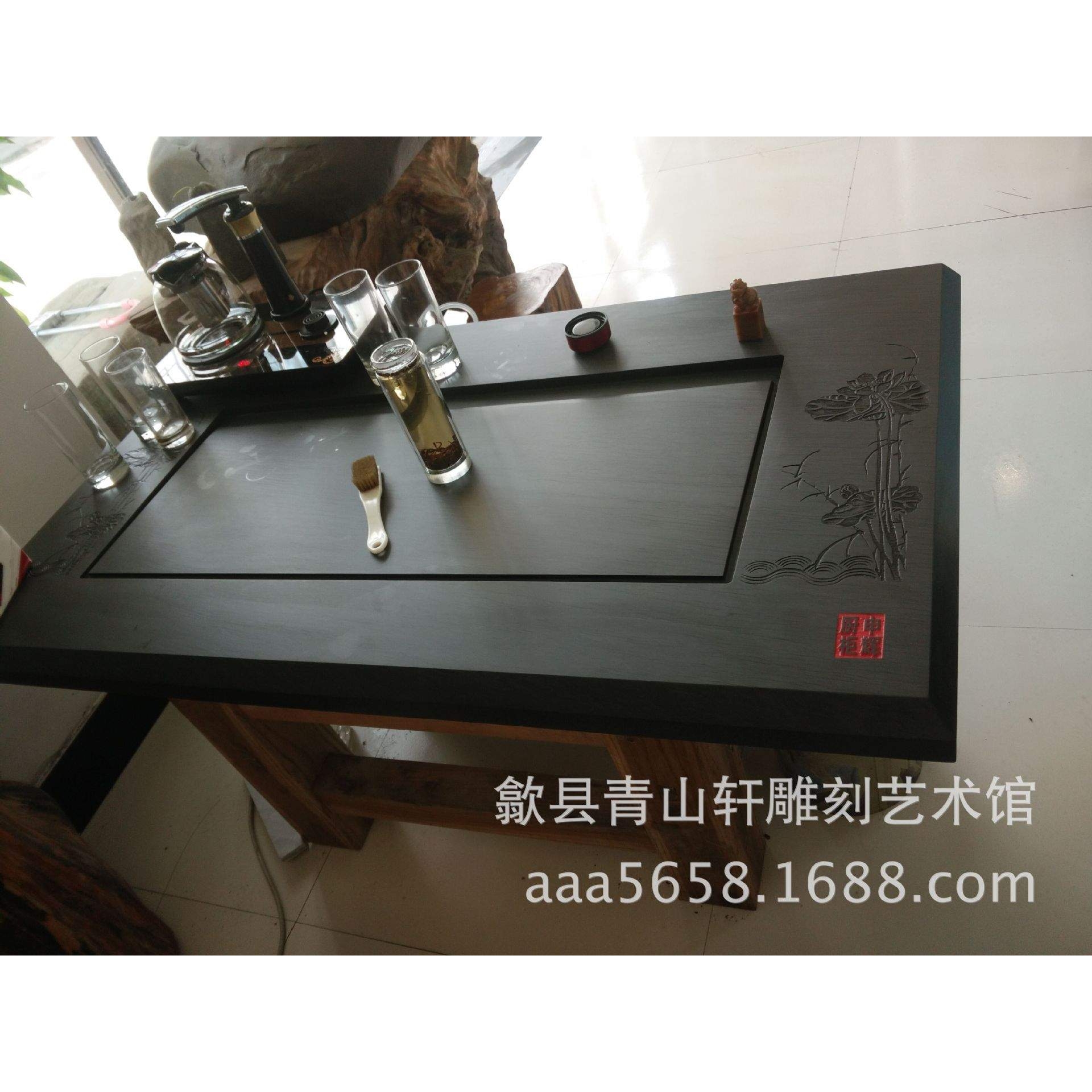 厂价歙县歙砚砚台石茶盘背面有茶槽配桌子茶台桌面