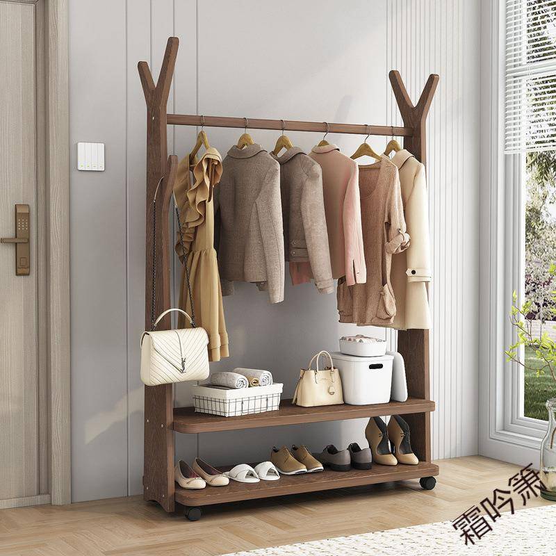 霜P1挂衣架室简易实木卧室衣服帽架落地收纳衣架家用现代简约