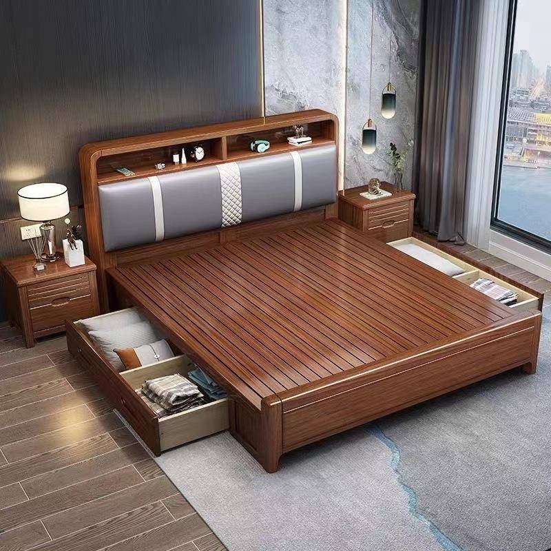 简约现代新中式实木床1.8米双人床1.5米单人床胡桃木主卧储物婚床