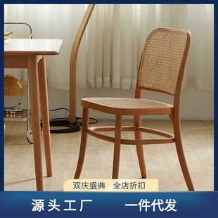 全实木休闲藤编餐椅 复古民宿原木书桌椅 家用日式 藤编靠背餐椅