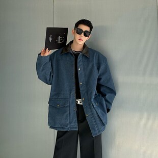 春秋走秀款粗纺帆布拼皮廓形夹克外套男大口袋复古高级感工装上衣