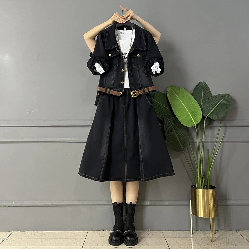 加大码女装 翻领长袖外套宽松A字半身裙胖妹妹休闲显瘦牛仔两件套,女装/女士精品,大码套装,淘宝优惠券,粉丝福利购,淘宝优惠卷