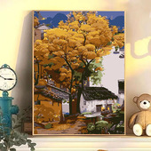 数字油画diy治愈系江南风景花卉手工绘画填充色丙烯装 饰油彩挂画