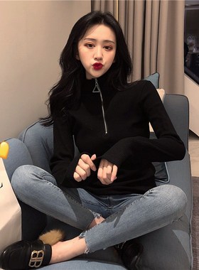 2024新款拉链半高领毛衣加厚黑色针织打底衫女秋冬高级感中领内搭