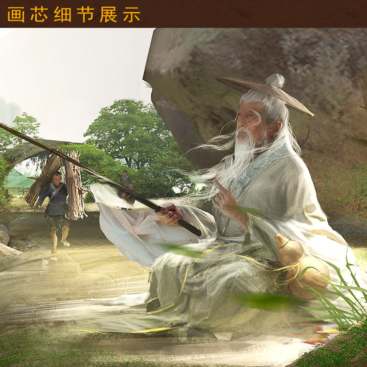 姜太公钓鱼图 姜子牙人物横幅挂画 书房客厅装饰画横批画定制订做图片