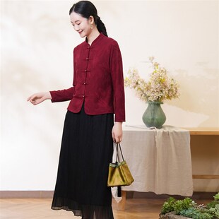 布符2025年春新款红一枝独秀一字扣上衣修身保暖弹性长袖旗袍上衣