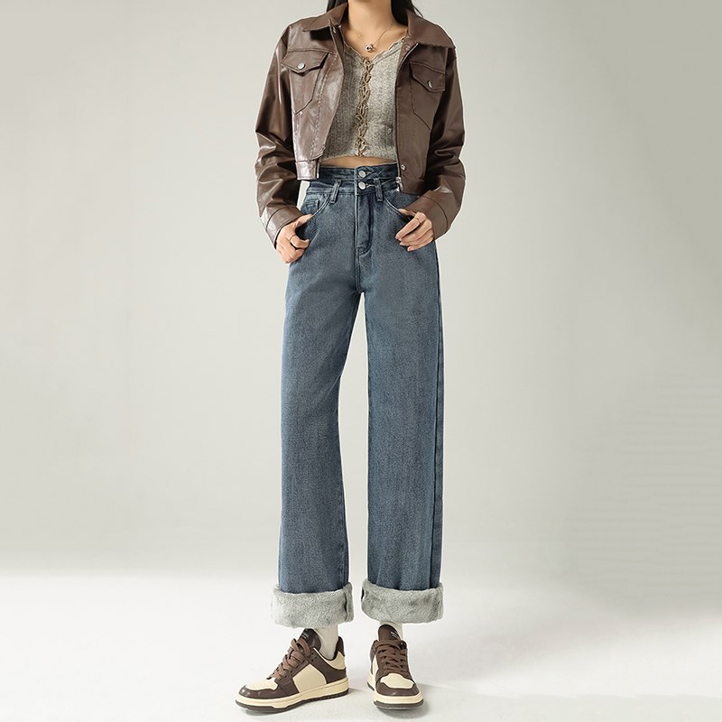 加绒窄版阔腿牛仔裤女秋冬季加厚保暖小个子高腰遮胯宰板显瘦直筒