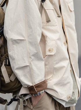 春季美式深绿色复古做旧猎装夹克男多口袋翻领耐磨重磅机能外套