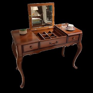 美式风全实木翻盖梳妆台椅子简约复古桃花心木小化妆桌配妆凳卧室