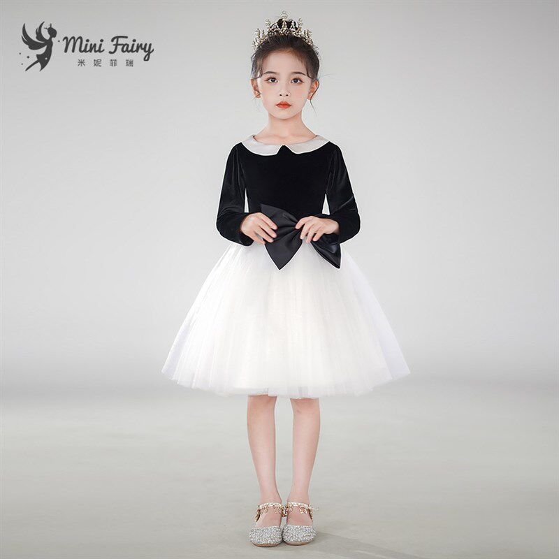 儿童黑白钢琴演出服中小学高端合唱团比赛礼服女童学院风公主裙短