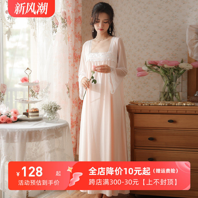 夏季女款古装宫廷睡裙女纯棉汉服性感睡袍复古长袖古风国风睡衣春
