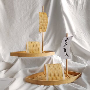 创意竹编仿古帆船小船模型手工木制船模渔船绍兴乌篷船diy材料包