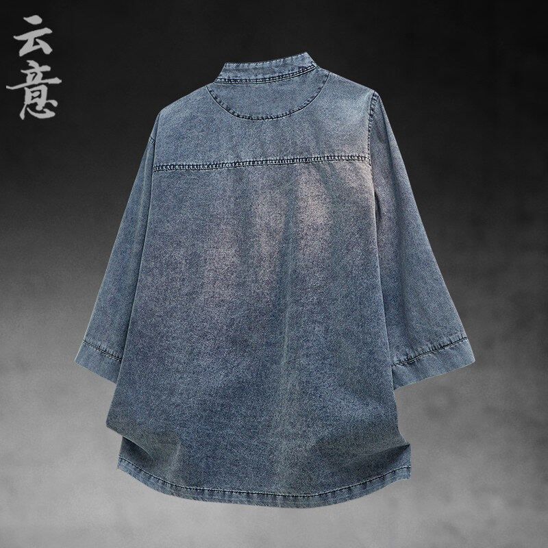 中式复古盘扣牛仔唐装衬衫男中国风宽松大码中山装七分袖茶服上衣,男装,唐装,淘宝优惠券,粉丝福利购,淘宝优惠卷