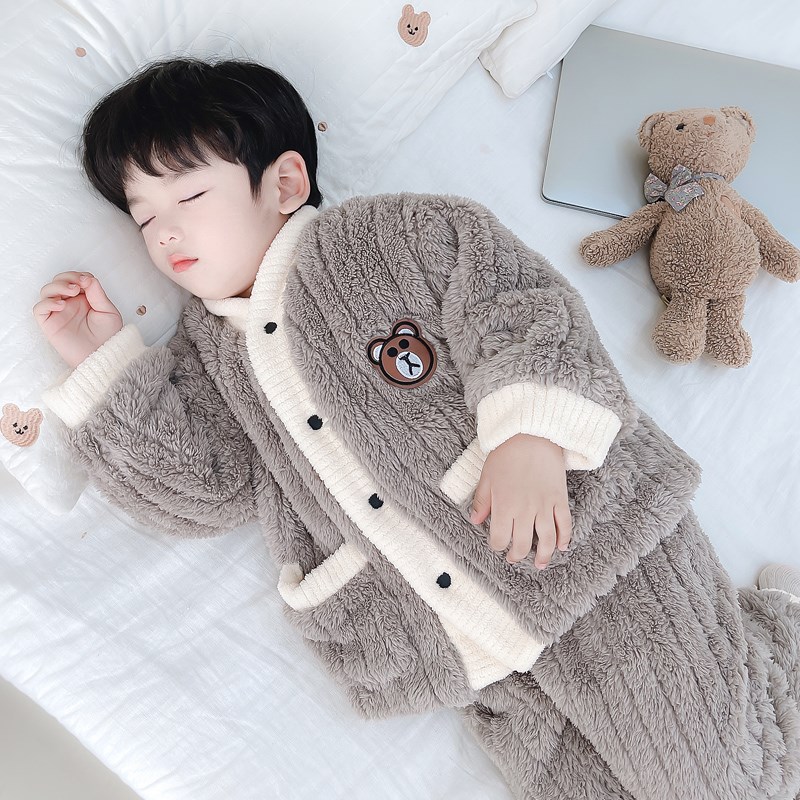 男童珊瑚绒睡衣冬季加绒加厚双层开衫儿童卡通熊棕色法兰绒家居服