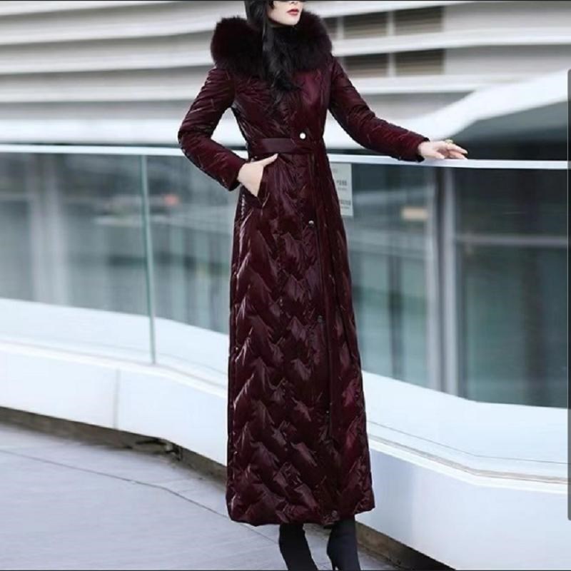 安哥拉酒红羽绒棉服女2024冬新修身高端保暖免洗过膝长款加厚外套