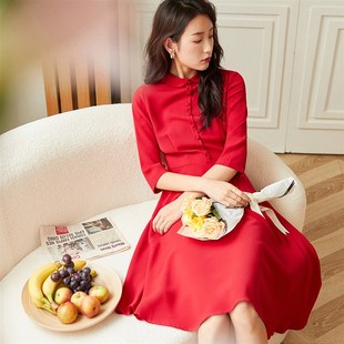 名媛衬衫 轻奢感时尚 裙子071 连衣裙新款 温柔垂感红色垂感翻领法式