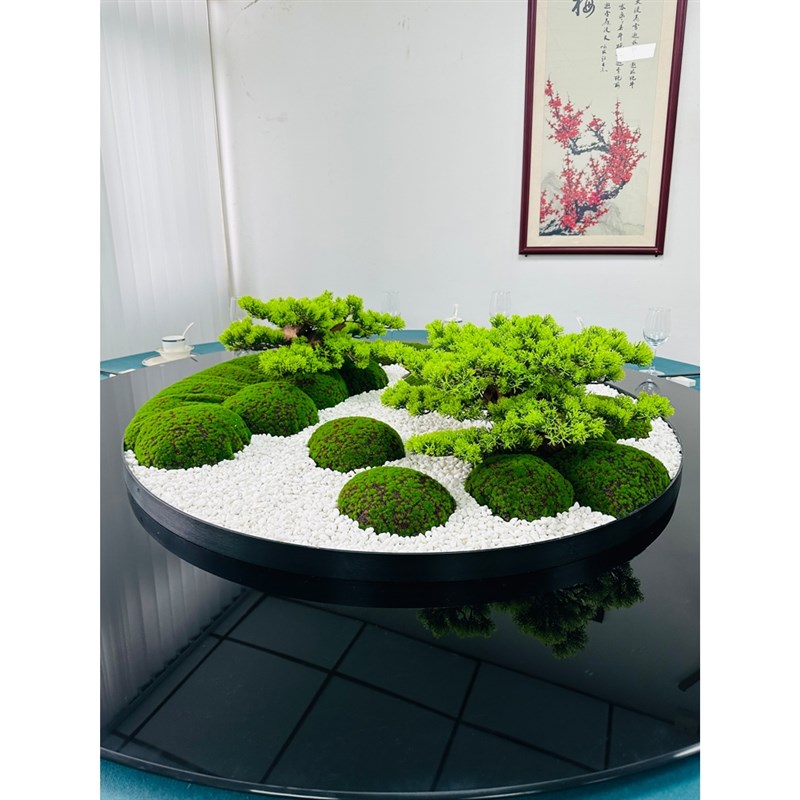 酒店大圆桌中间转盘摆花中式餐桌枯山水摆件桌面造景装饰花艺沙盘