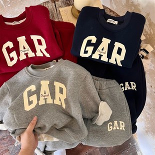 儿童加绒套装2023秋冬潮童棉卫衣男童省心套装宝宝圆领休闲2件套