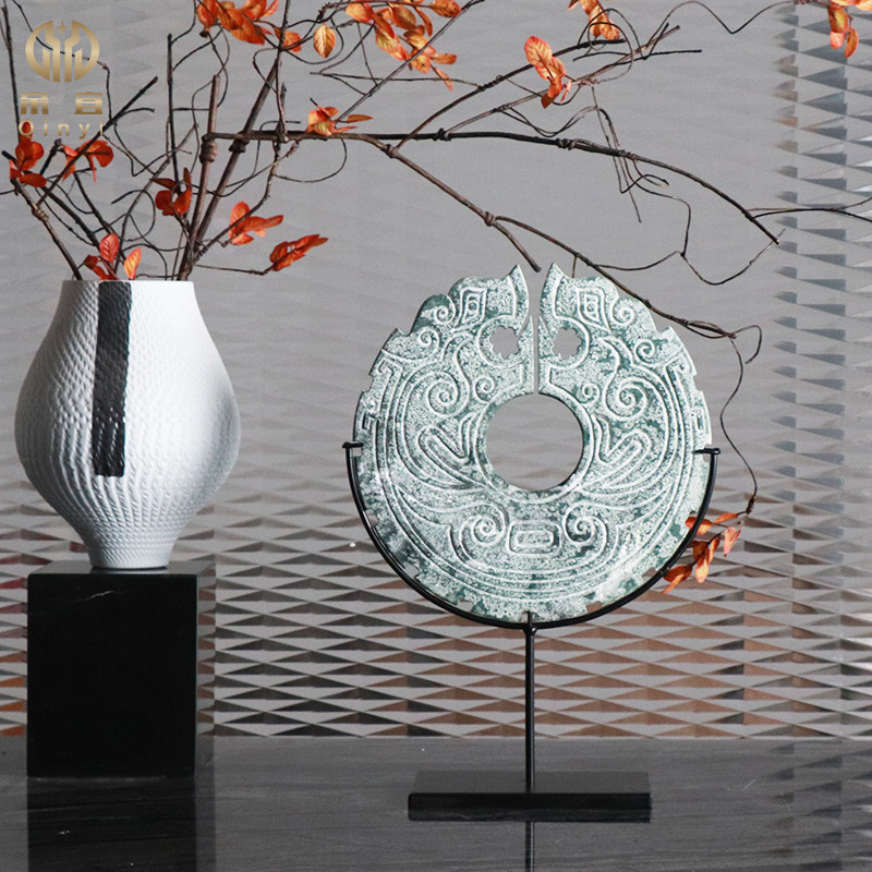 中式手工雕刻浅绿龙玉璧家居酒店样板房书房博古架艺术装饰品摆件