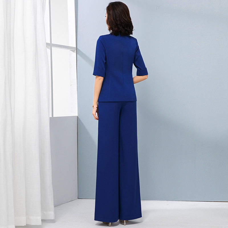 婪诗雅宝蓝色西装套装女夏薄款2021新款时尚气质OL休闲职业两件套