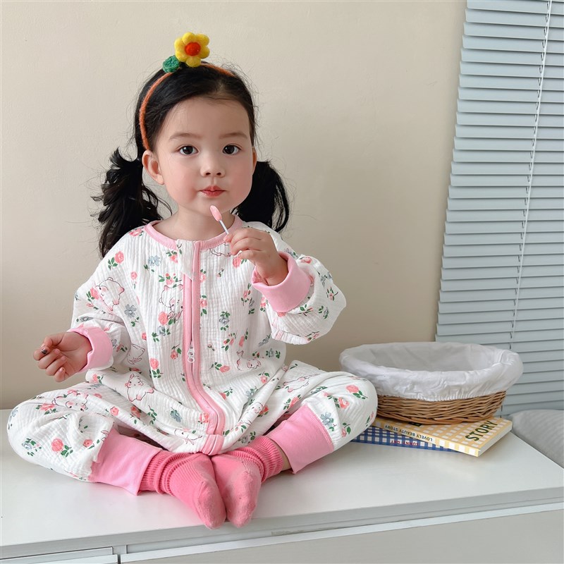 儿童夏款前四后二纱布睡袋防踢被宝宝纯棉连体睡衣宝宝四季通用