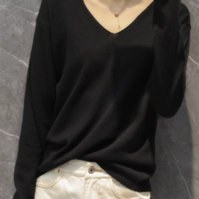 2024秋季新款薄款V领长袖针织衫显瘦打底宽松上衣黑色低领毛衣