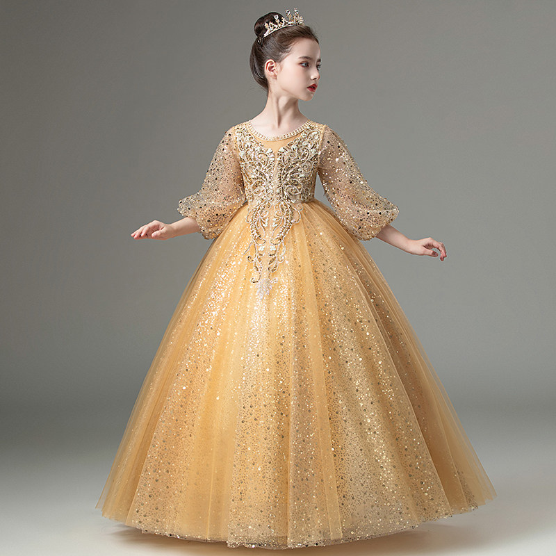 儿童礼服高端小主持人服装长袖女童生日金色钢琴演出服走秀秋冬