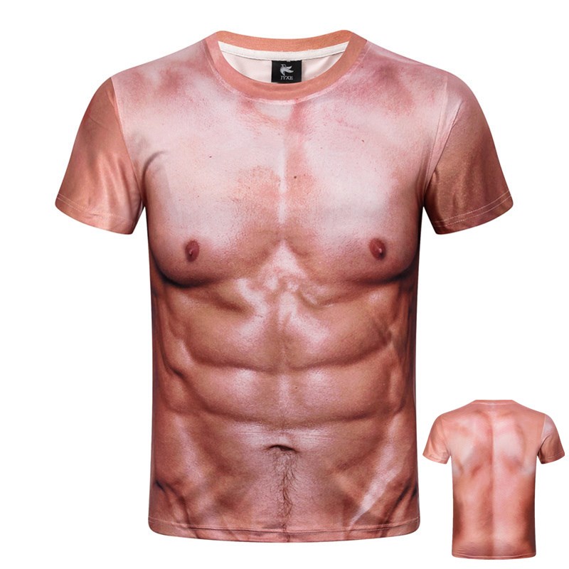 创意搞笑纹身肌肉短袖潮男t恤3D立体个性假腹肌胸肌年会表演衣服