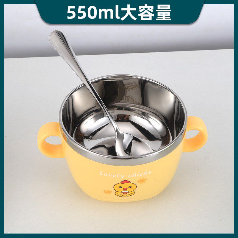 儿童汤碗304不锈钢带手柄便携防烫可爱卡通宝宝吃饭碗送勺泡面碗