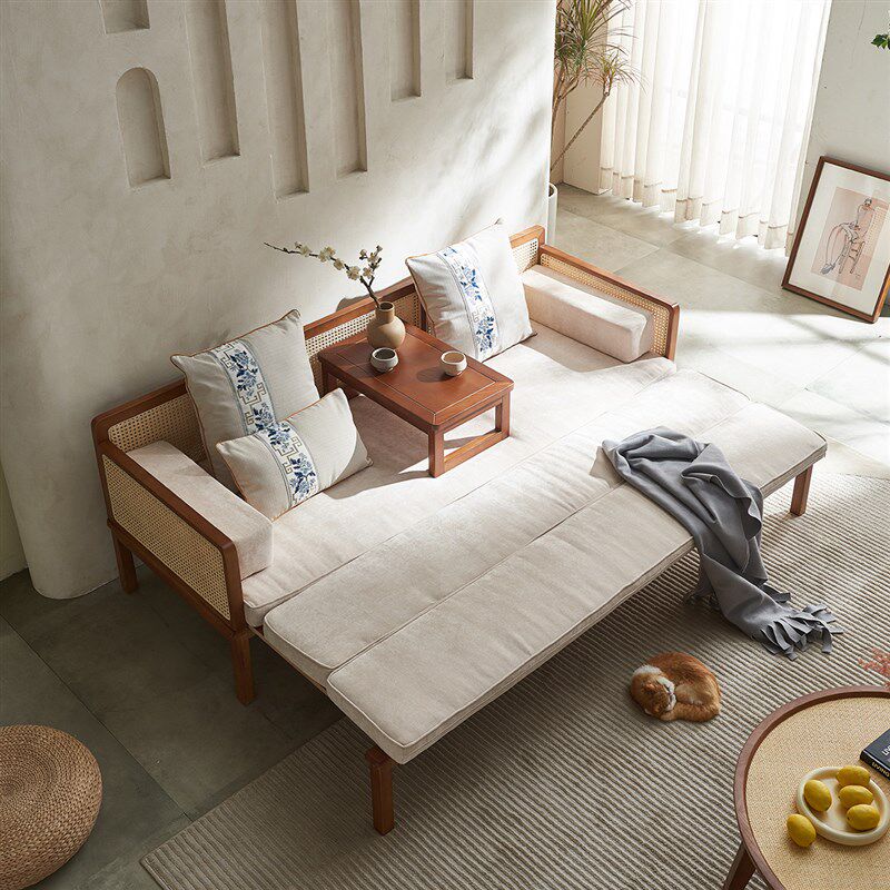 藤编沙发客厅实木罗汉床组合小户型新中式白蜡木抽拉伸缩睡塌床榻