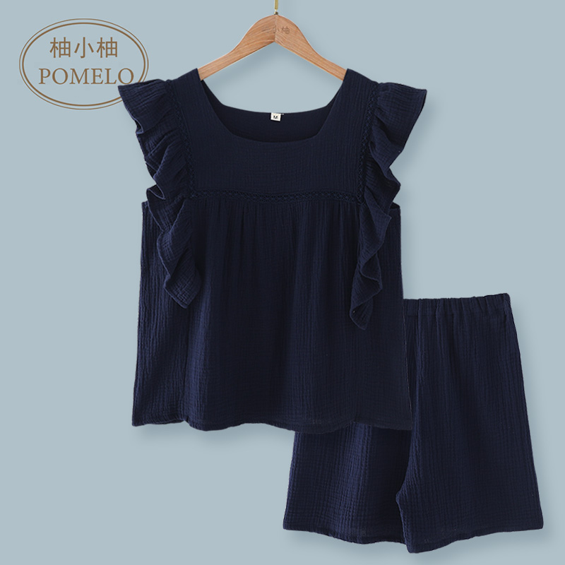 夏薄款纯棉纱布泡泡棉方领套头荷叶边甜美无袖短袖家居服睡衣套女