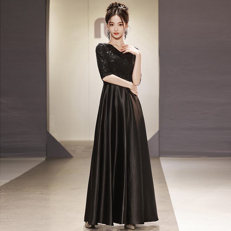 黑色大合唱团演出女主持指挥服舞台比赛宴会表演成人晚礼服装长裙图片