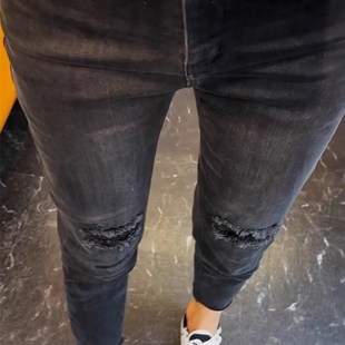 黑色高腰假破洞小脚牛仔裤女夏季薄款小个子修身显瘦弹力铅笔裤