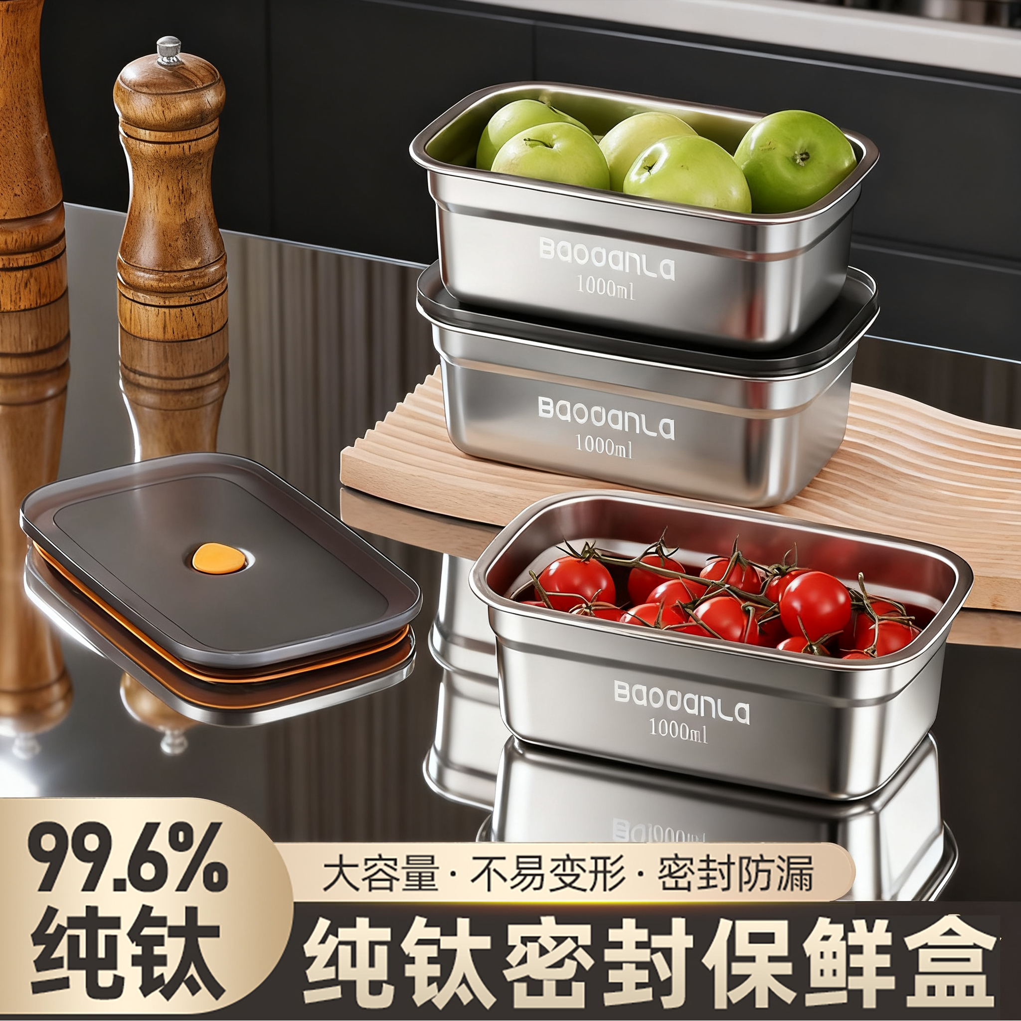BAODANLA纯钛保鲜盒专用带饭盒食品级冰箱密封收纳盒可微波炉加热