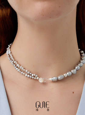 瑰意珍珠母贝项链925纯银勾轻奢不对称单双灰珍珠银扣锁骨链新款