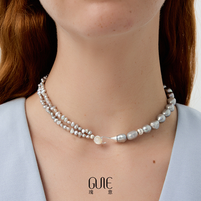 瑰意珍珠母贝项链925纯银勾轻奢不对称单双灰珍珠银扣锁骨链新款