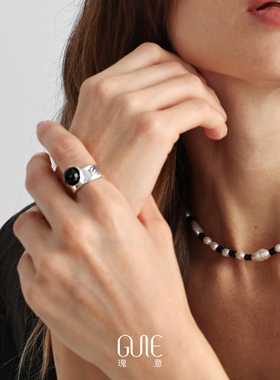 瑰意黑玛瑙925银宽边开口戒指2025新款时尚高级感小众设计感指环