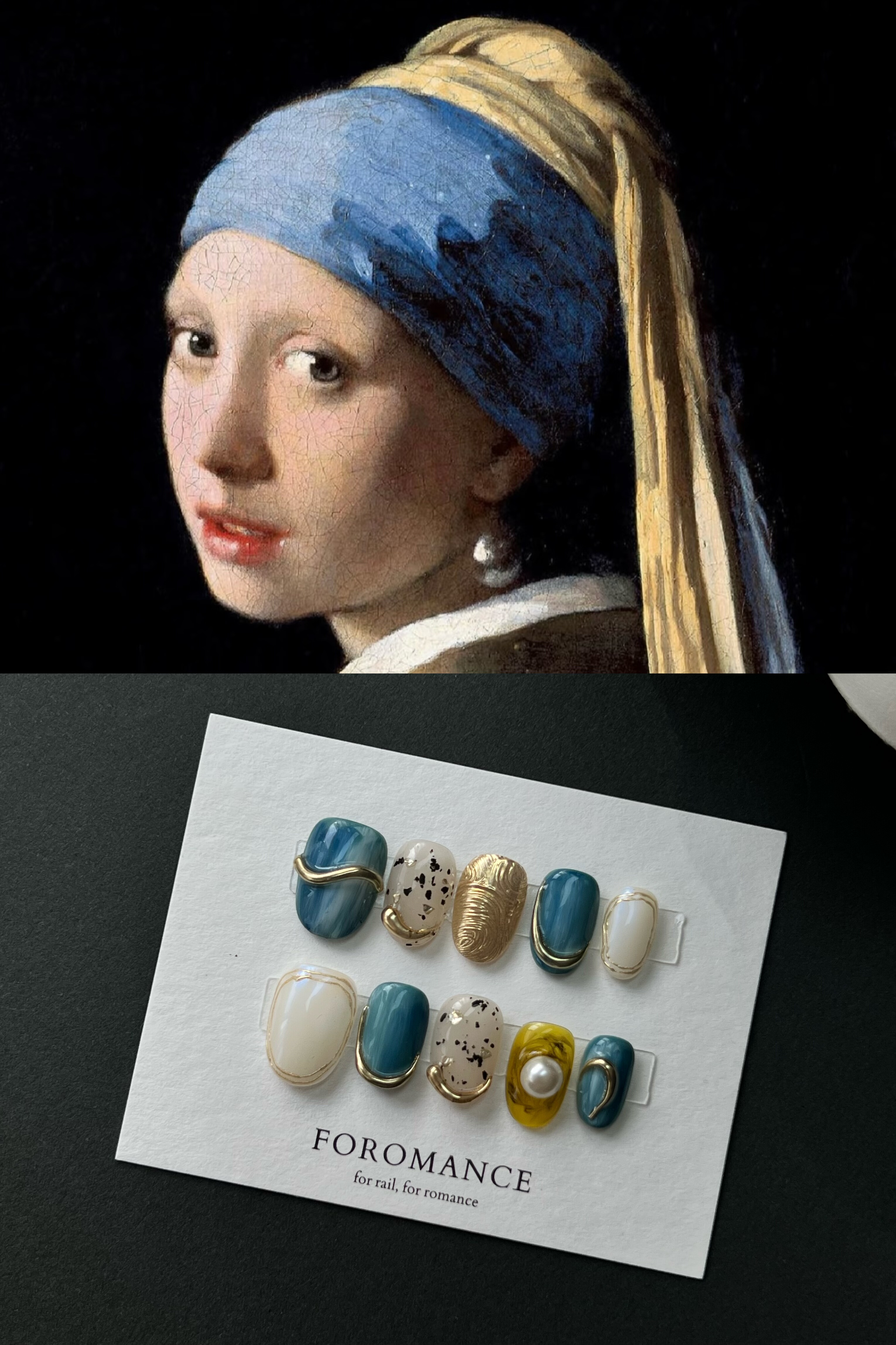 Foromance.【珍珠少女】维米尔蓝 +金姜姜 油画质地短椭圆 穿戴甲