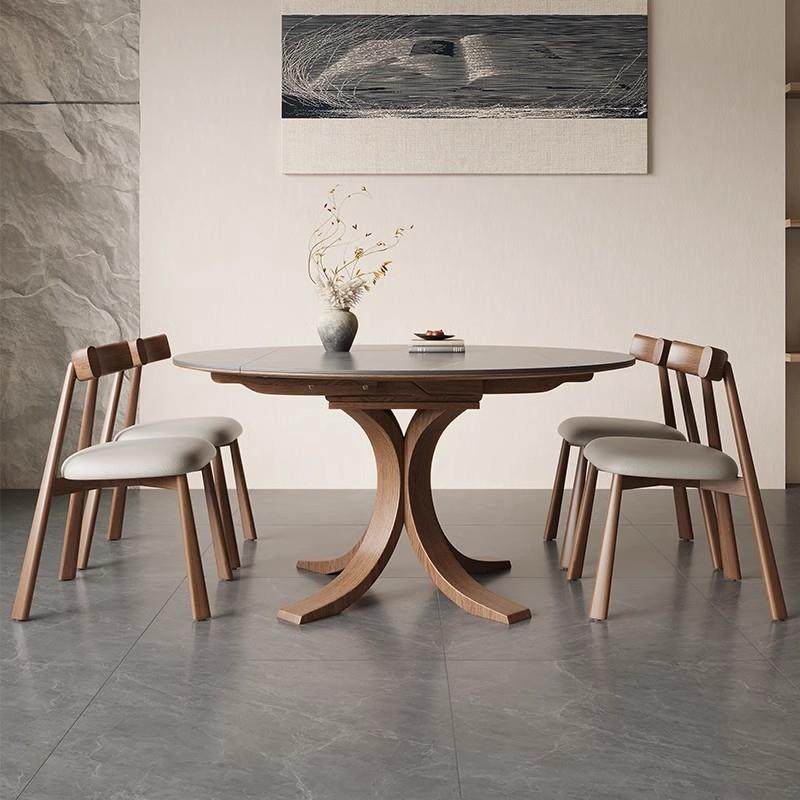 圆形可伸缩折叠岩板餐桌实木小户型现代简约轻奢方圆两用可变圆桌