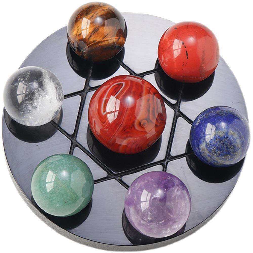天然水晶七星阵摆件七色宝石把玩件黑曜石圆盘底座工艺品