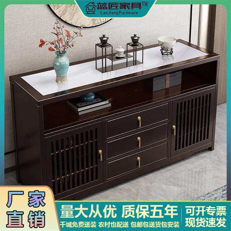 橡胶木新中式实木岩板餐边柜餐厅两门储物柜子客厅玄关柜靠墙柜子